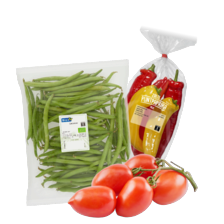 Pruimtomaten schaal à 750 gram,
bio+ sperziebonen zak à 400 gram
of puntpaprika mix zak à 4 stuks
